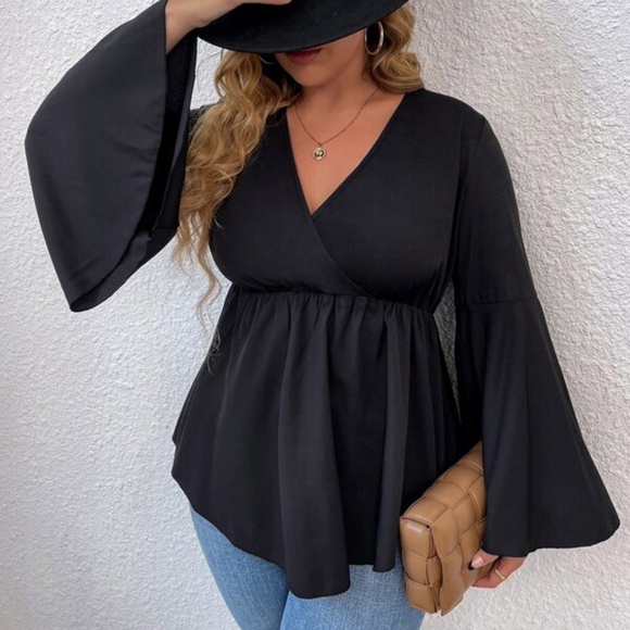 BellanBlue Tops - Plus Black Bell Sleeve Surplice Peplum Top